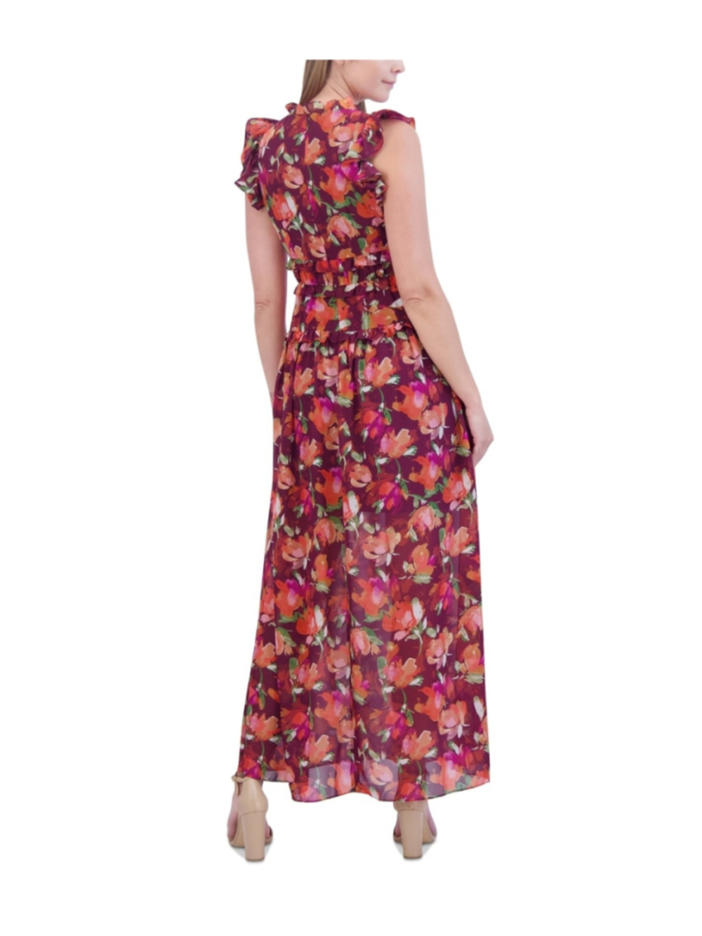 Vince Camuto Size 12 Burgundy Floral Ruffle Chiffon Maxi Dress NWT - Picture 2 of 5